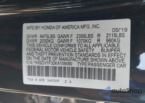 2019 Honda Accord Sport z USA, uszkodzony, nr VIN 1HGCV1F32KA109080
